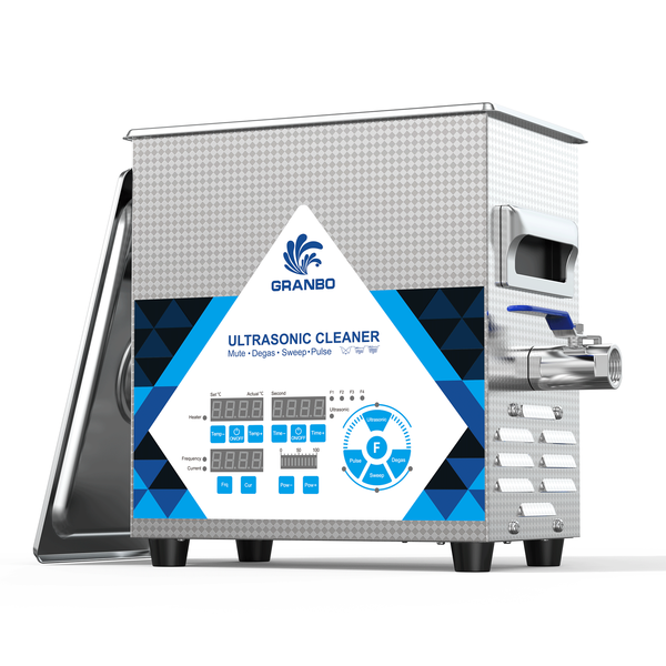 Granbo GL0303-80 3.2L 80kHz Benchtop Ultrasonic Cleaner Front-Side View With Digital Control Panel And Lid Resting Aside
