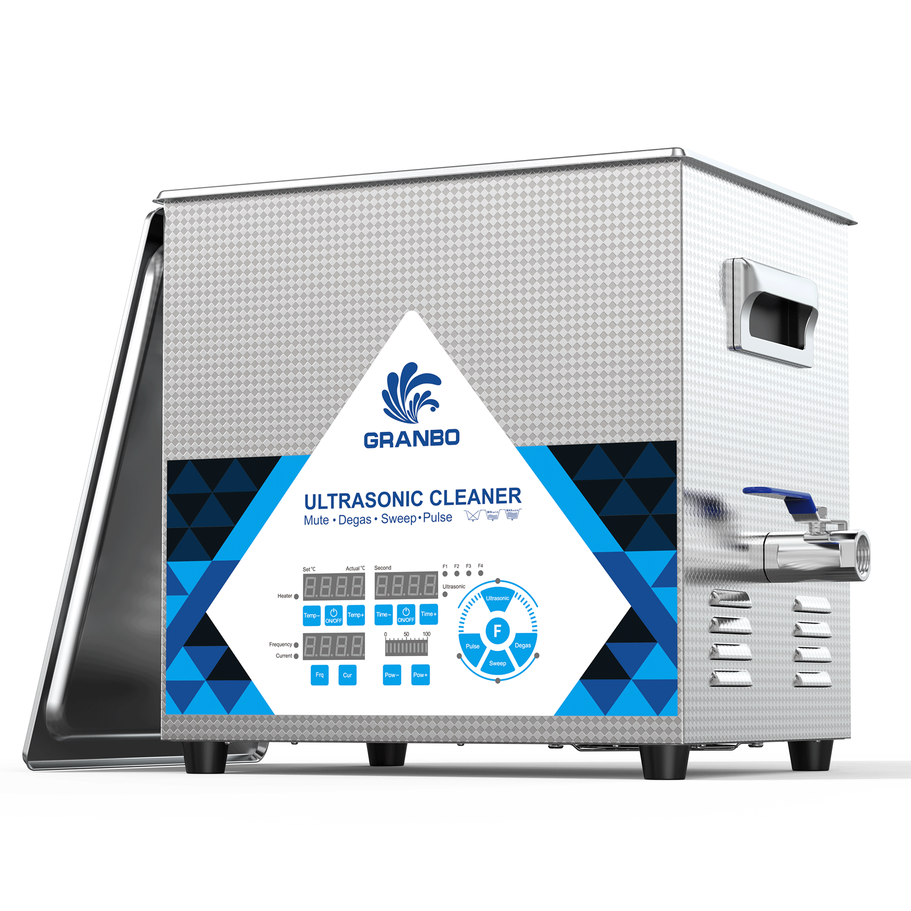 Granbo GL0610-2840 10L 28/40kHz Switchable Dual-Frequency Ultrasonic Cleaner Front-Side View With Digital Control Panel And Lid Resting Aside Granbo GL0610-2840 10L 28/40kHz Switchable Dual-Frequency Ultrasonic Cleaner Front-Side View With Digital Control Panel And Lid Resting Aside