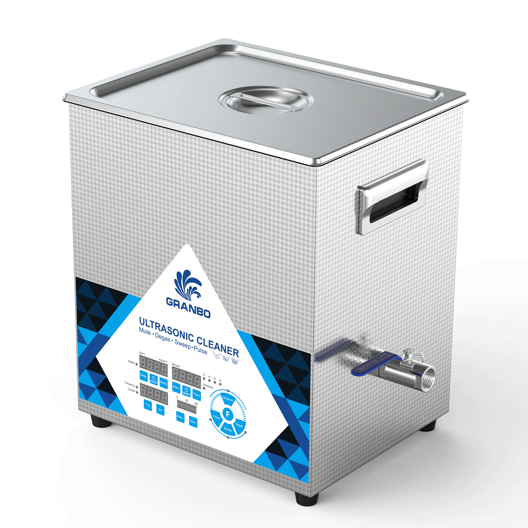 Granbo GL0814-4068 14L 40/68kHz Switchable Dual-Frequency Ultrasonic Cleaner Three-Quarter View With Stainless Steel Lid Closed Granbo GL0814-4068 14L 40/68kHz Switchable Dual-Frequency Ultrasonic Cleaner Three-Quarter View With Stainless Steel Lid Closed