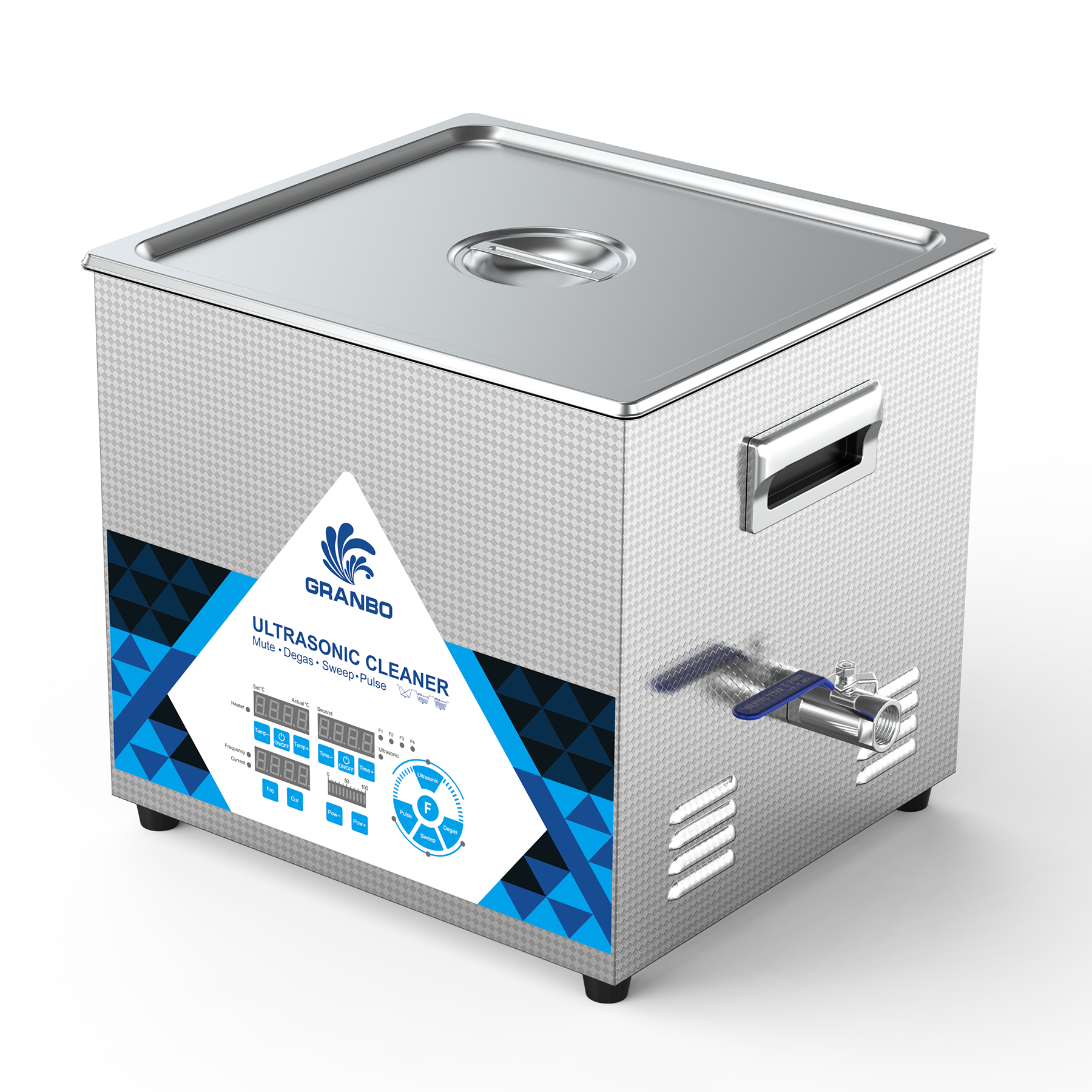 Granbo GL1015-40120 15L 40/120kHz Switchable Dual-Frequency Ultrasonic Cleaner Three-Quarter View With Stainless Steel Lid Closed Granbo GL1015-40120 15L 40/120kHz Switchable Dual-Frequency Ultrasonic Cleaner Three-Quarter View With Stainless Steel Lid Closed