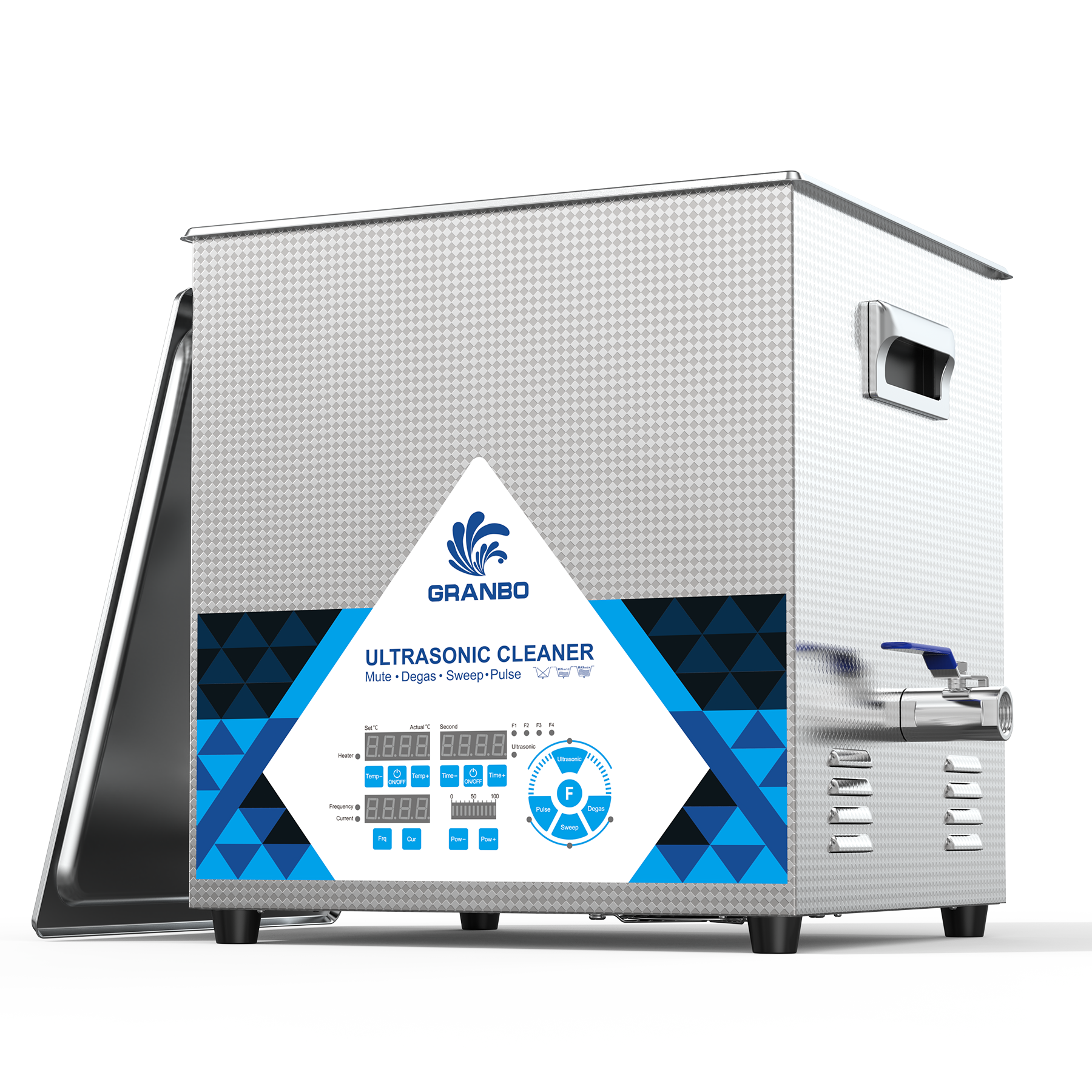 Granbo GL1019-40 19L 40kHz Benchtop Ultrasonic Cleaner Front-Side View With Digital Control Panel And Lid Resting Aside Granbo GL1019-40 19L 40kHz Benchtop Ultrasonic Cleaner Front-Side View With Digital Control Panel And Lid Resting Aside