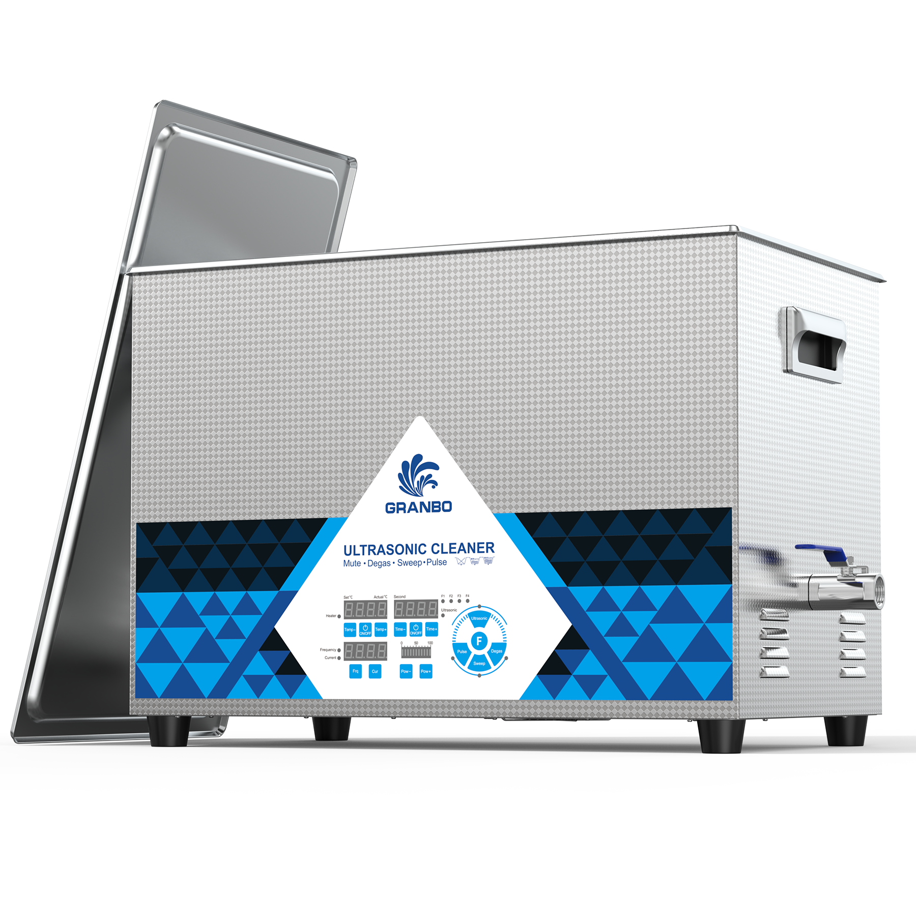 Granbo GL1430-28 30L28kHz Benchtop Ultrasonic Cleaner Front-Side View With Digital Control Panel And Lid Resting Aside Granbo GL1430-28 30L28kHz Benchtop Ultrasonic Cleaner Front-Side View With Digital Control Panel And Lid Resting Aside