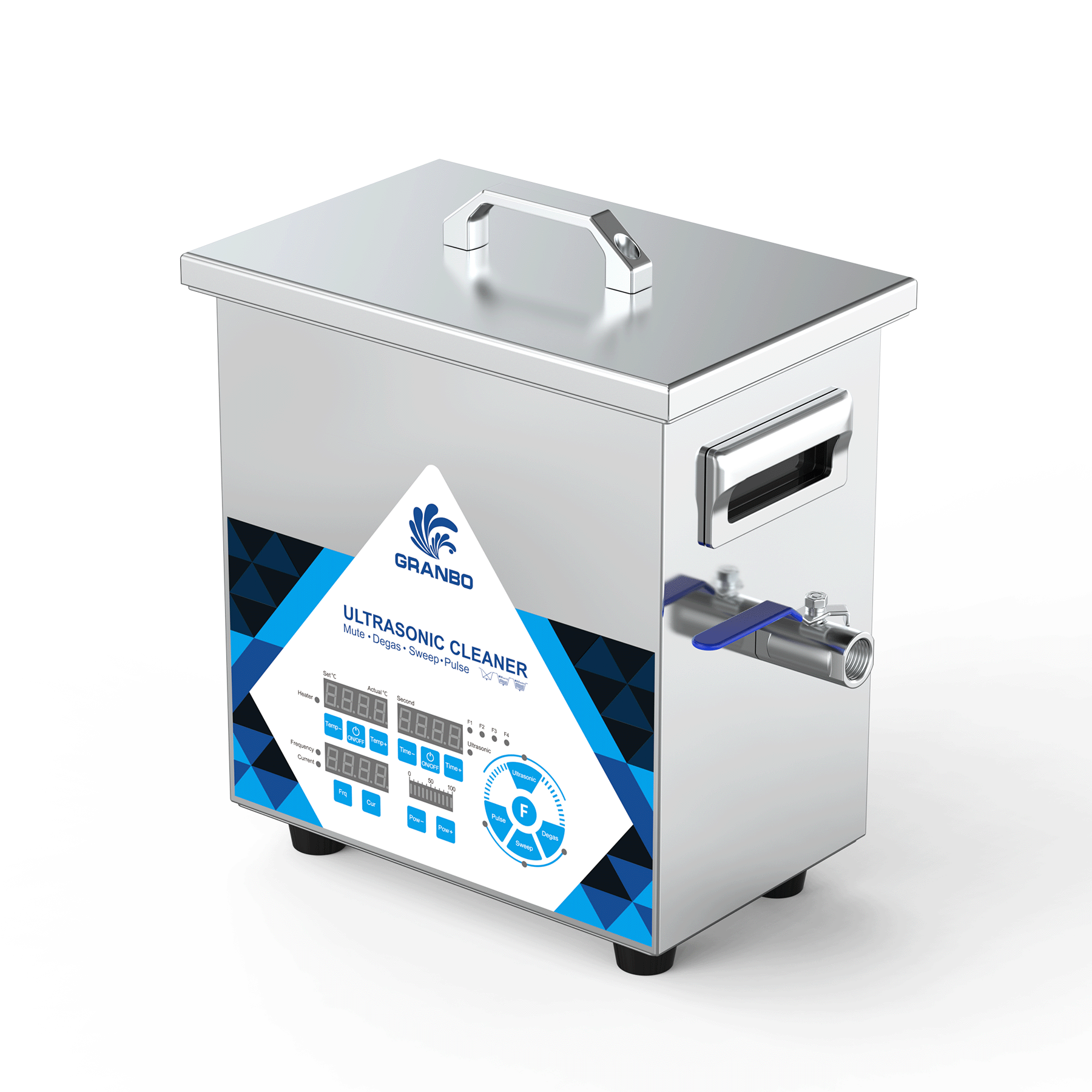 Granbo GNL0303-25 Ultrasonic Cleaner Side View Showing Drain Valve And Handle Granbo GNL0303-25 Ultrasonic Cleaner Side View Showing Drain Valve And Handle