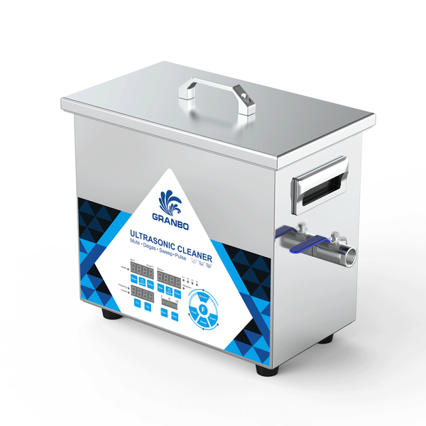 Granbo GNL0404-25 ultrasonic cleaner side view showing drain valve and handle