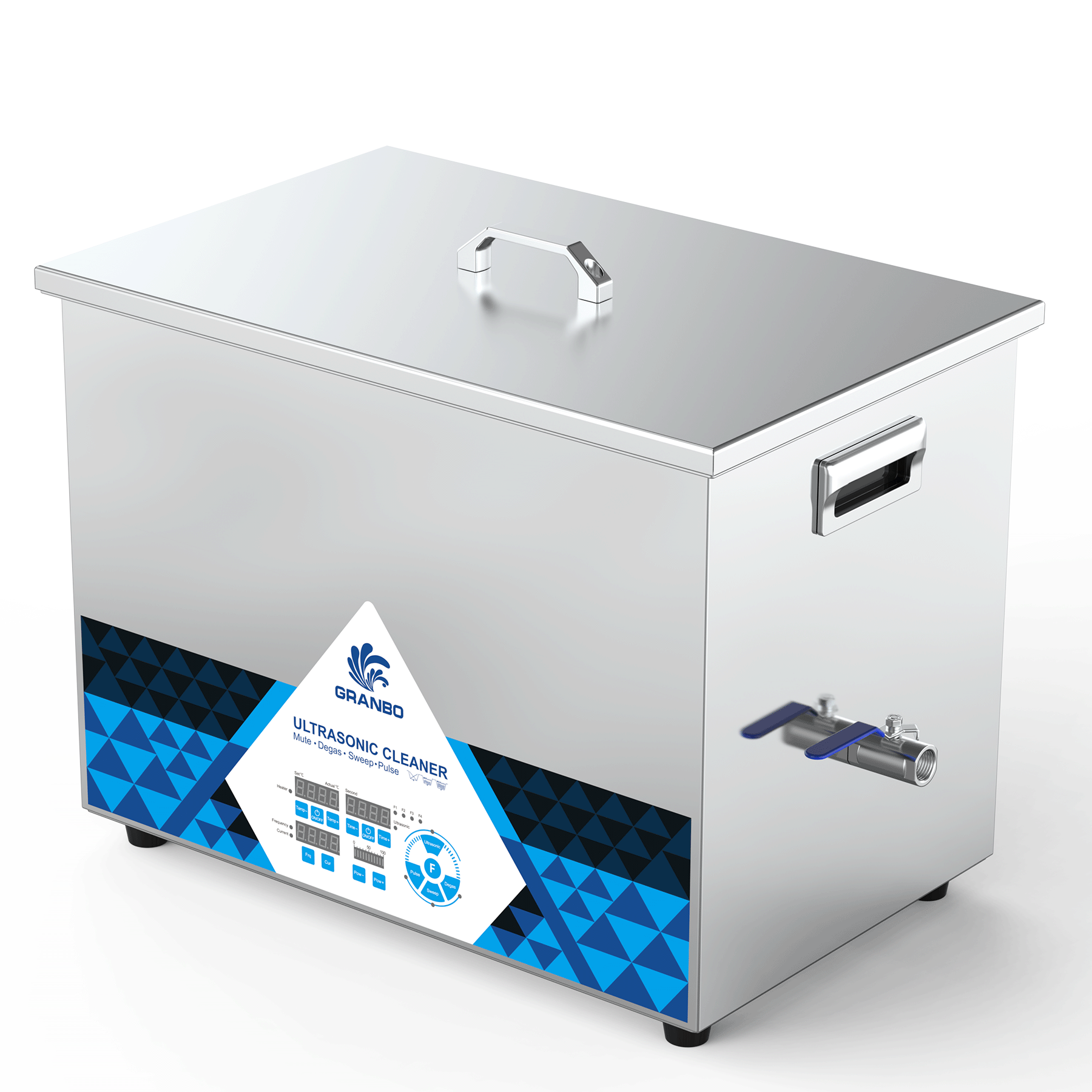 Granbo GNL1630-25 30L 25kHz Ultrasonic Cleaner Side View Showing Drain Valve And Handle Granbo GNL1630-25 30L 25kHz Ultrasonic Cleaner Side View Showing Drain Valve And Handle