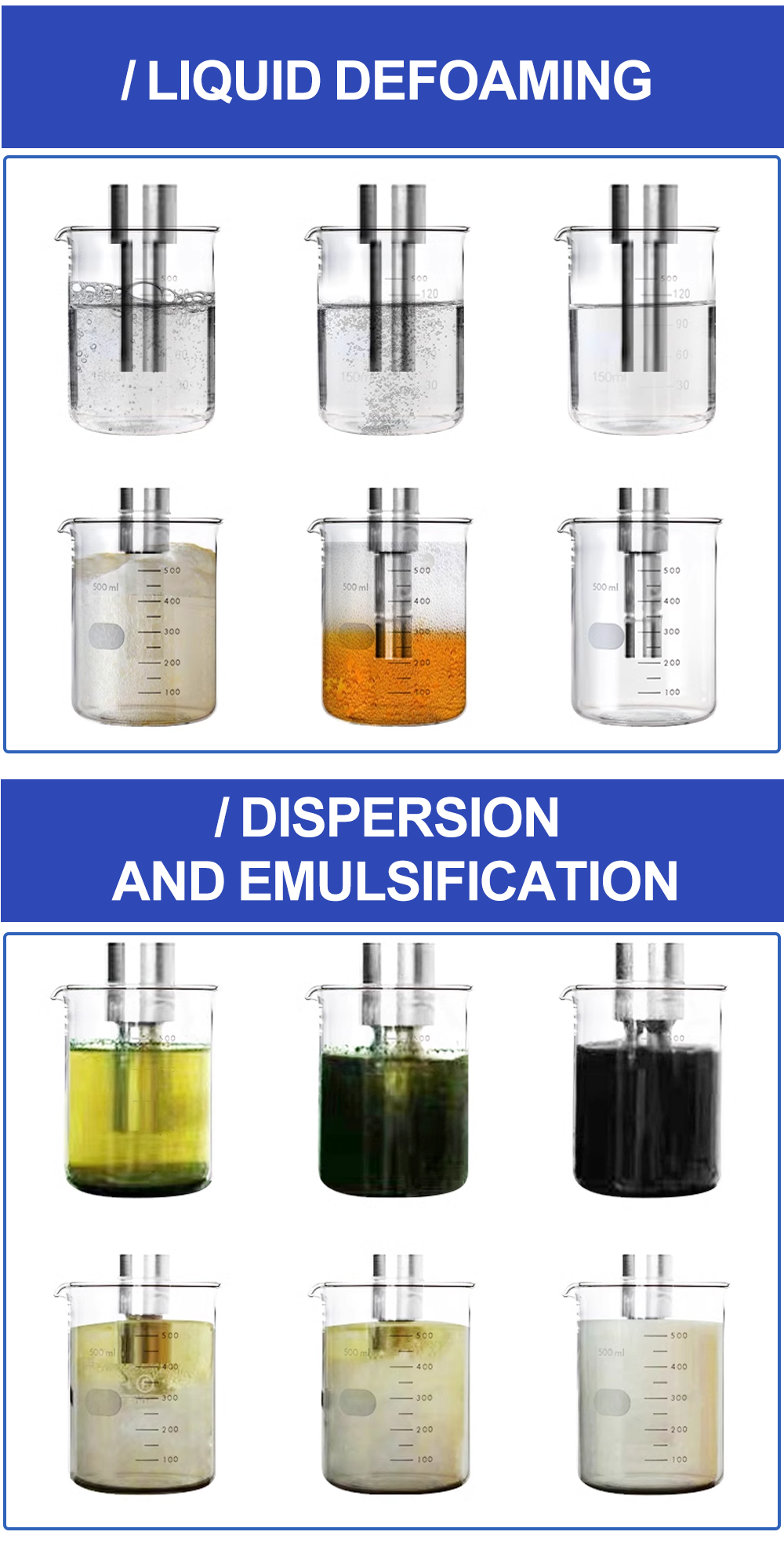 Ultrasonic liquid defoaming, degassing, dispersion, and emulsification in laboratory test beakers
