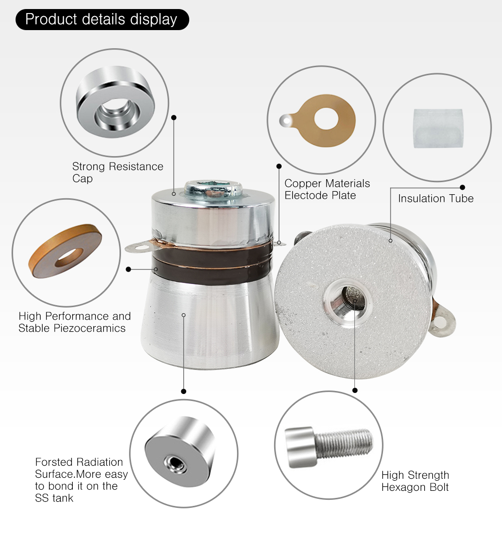 Exploded component view of Langevin piezoelectric ultrasonic cleaning transducer