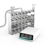 Front-angled view of GK2435 immersible ultrasonic transducer plate chassis showing 24-piece transducer array and digital generator