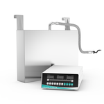 Front-perspective view of GK2435 immersible ultrasonic transducer plate showing flat radiation face, top hook brackets, braided conduit, and digital generator