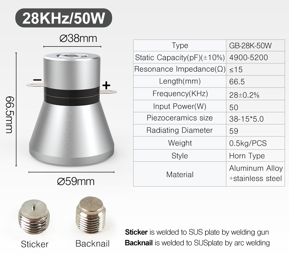 Dimensional drawing and technical parameter table for GB-28K-50W ultrasonic transducer
