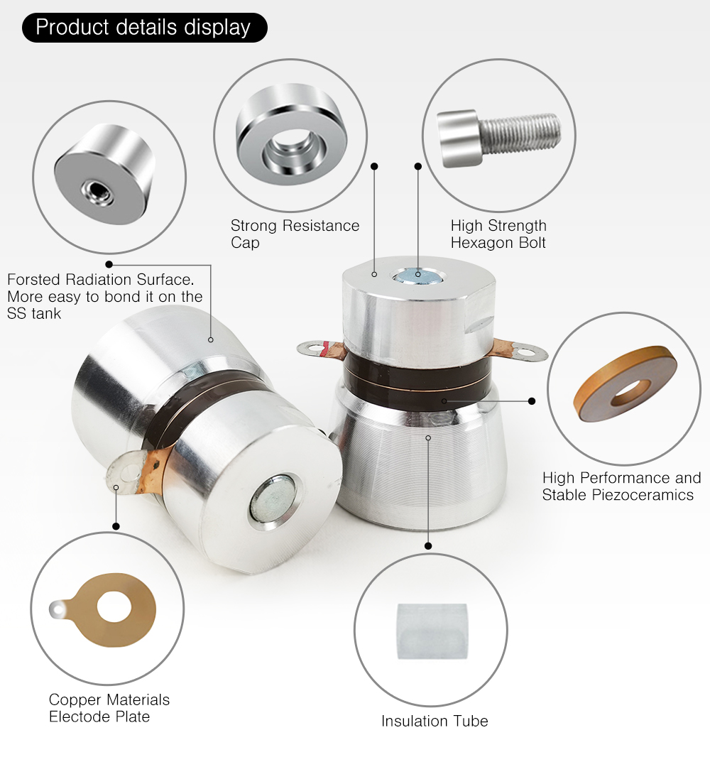 Exploded component view of Langevin piezoelectric ultrasonic cleaning transducer