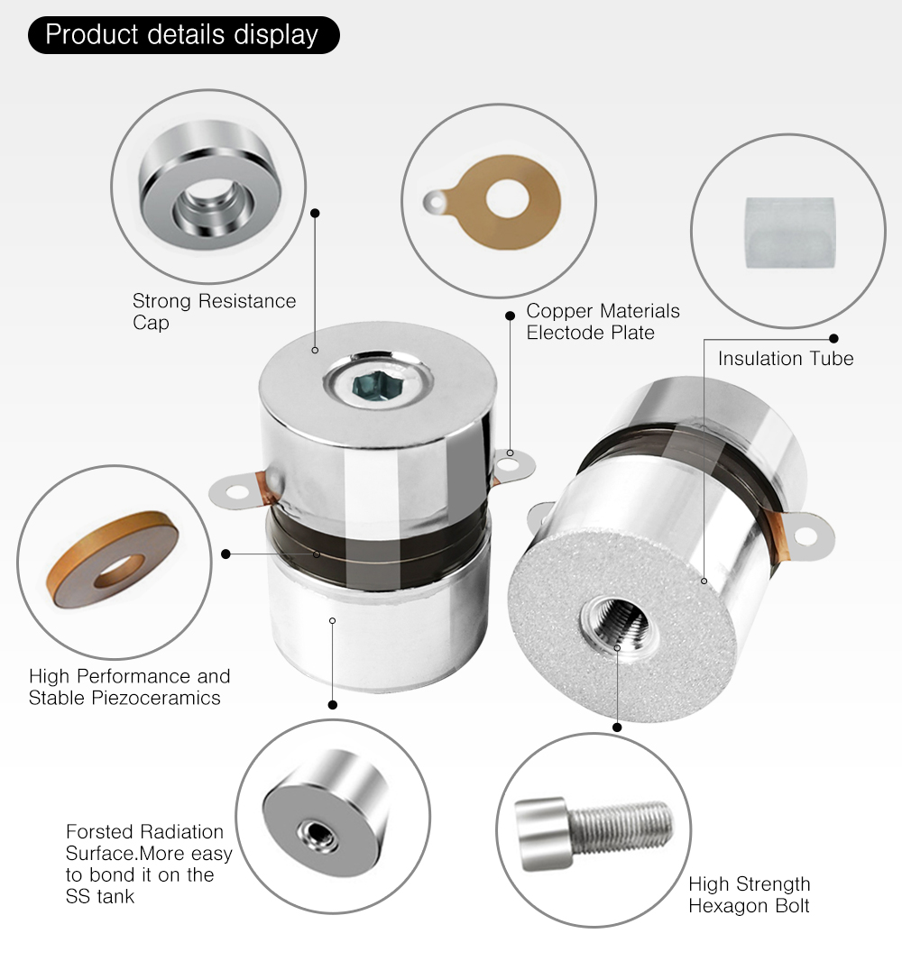 Exploded view and component breakdown of piezoelectric ultrasonic transducer structure