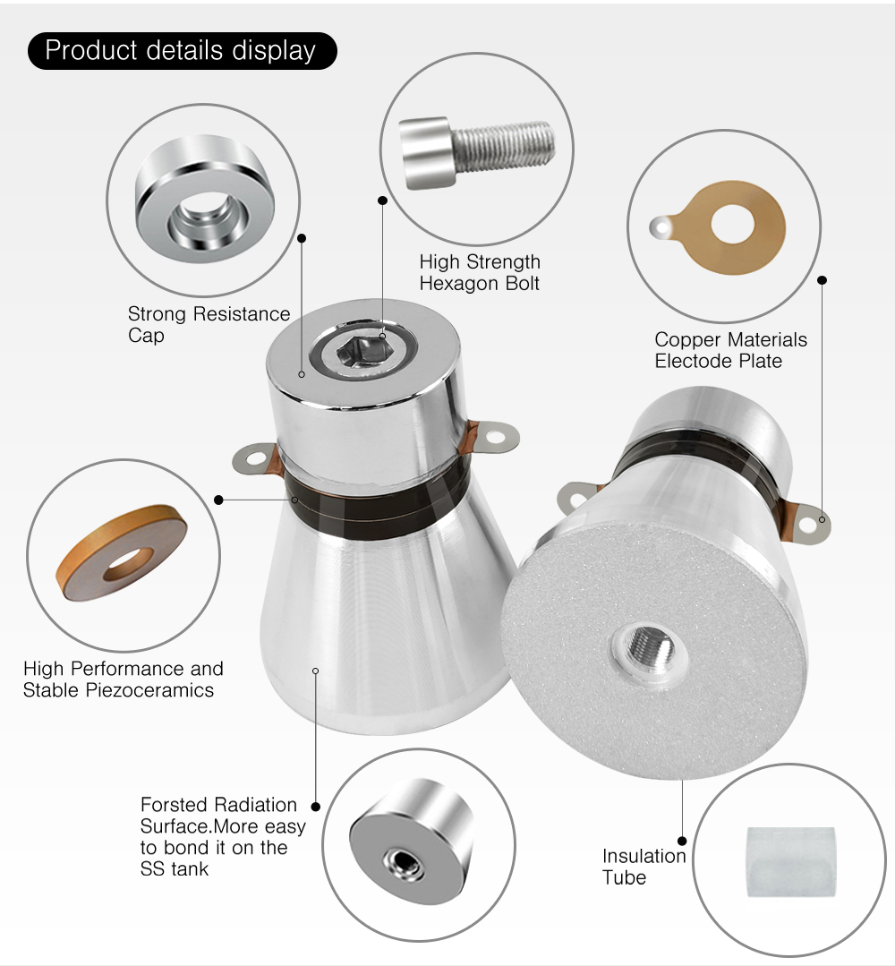 Exploded view of transducer components including bolt, mass, piezoceramics, and electrode plates