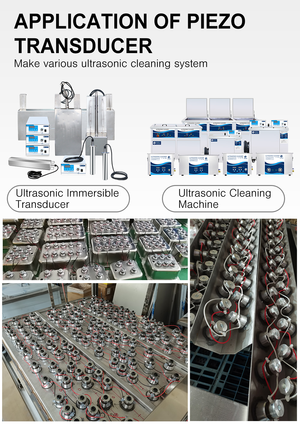Multiple models and frequencies of piezoelectric ultrasonic cleaning transducers