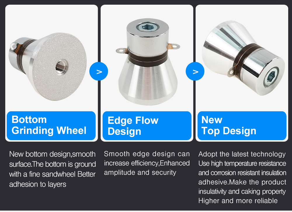 Ultrasonic transducer design details showing ground bottom face horn structure and insulation seal