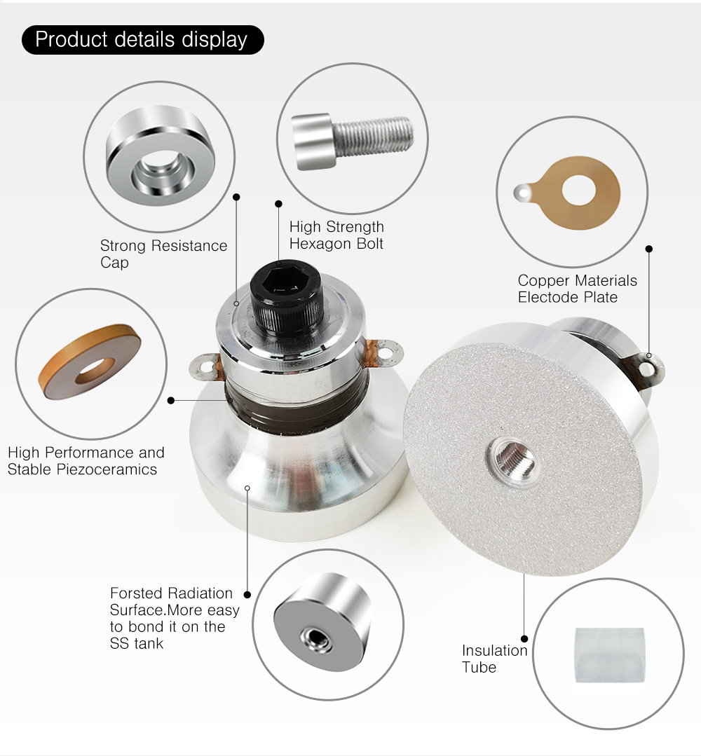 Component breakdown of horn type piezo ultrasonic transducer including piezoceramics and copper electrode plates