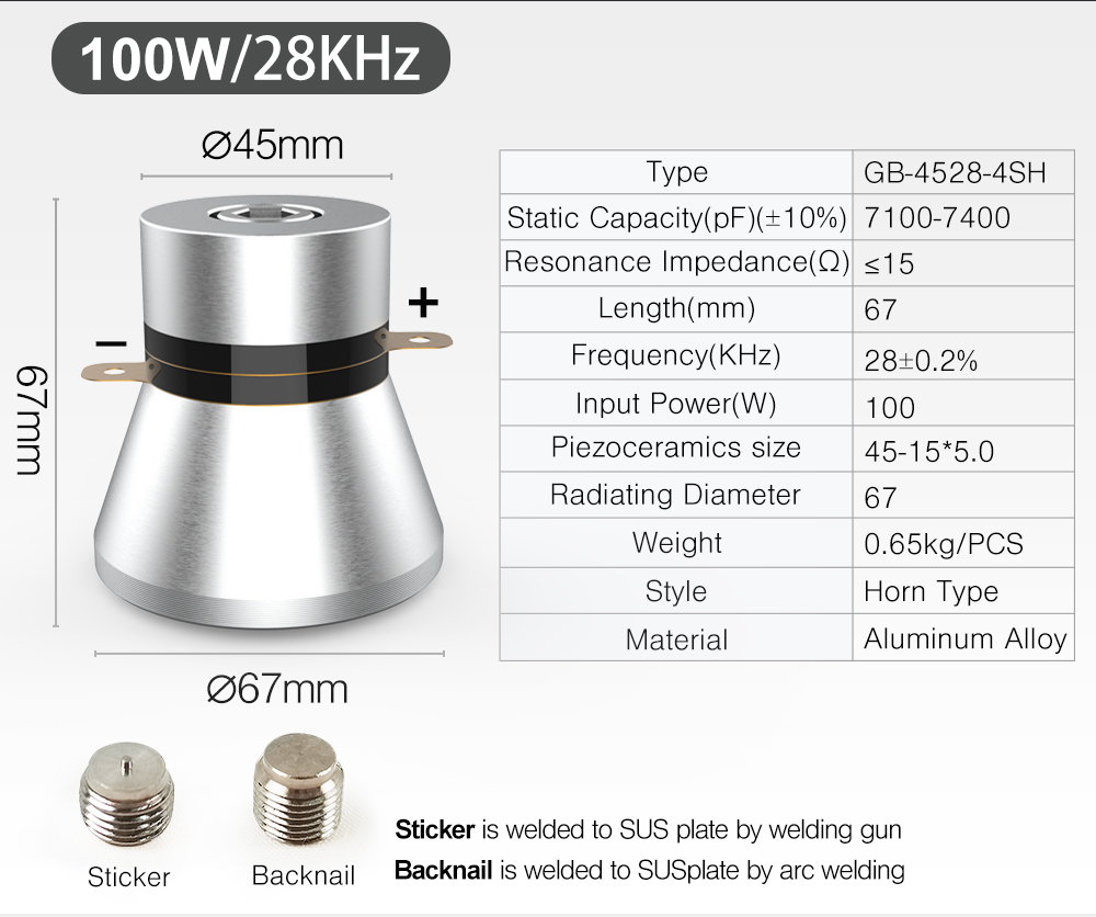 GB-4528-4SH ultrasonic transducer technical specifications and dimensions