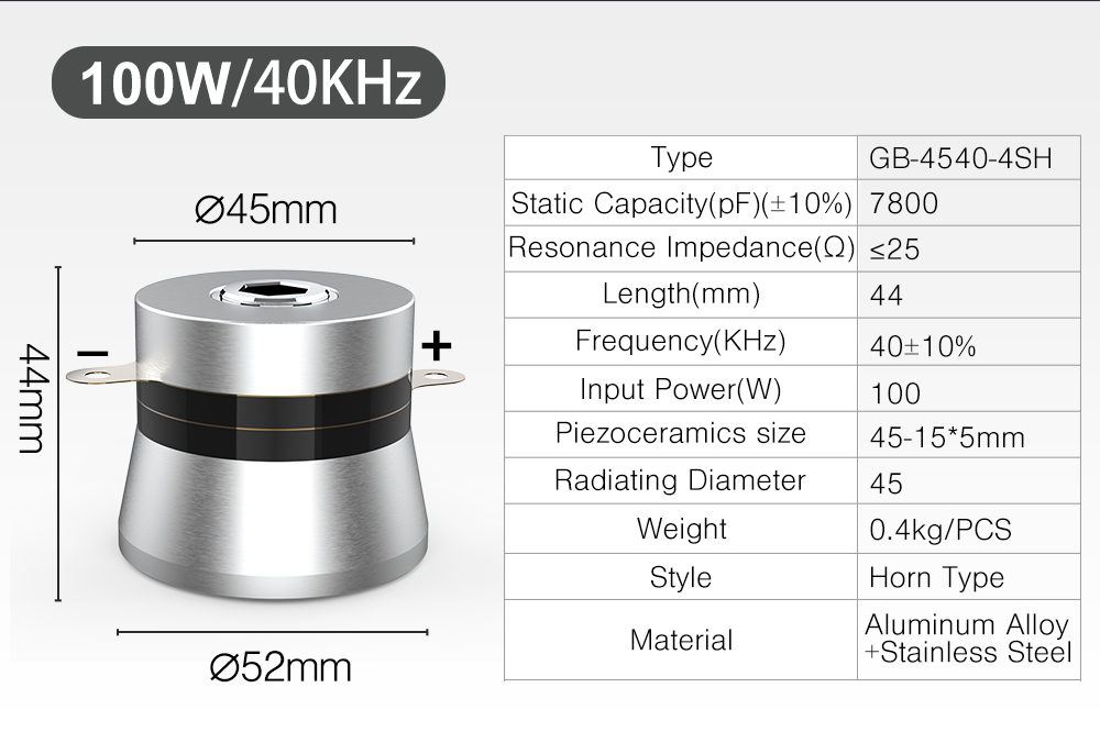 GB-4540-4SH ultrasonic transducer technical specifications and dimension diagram