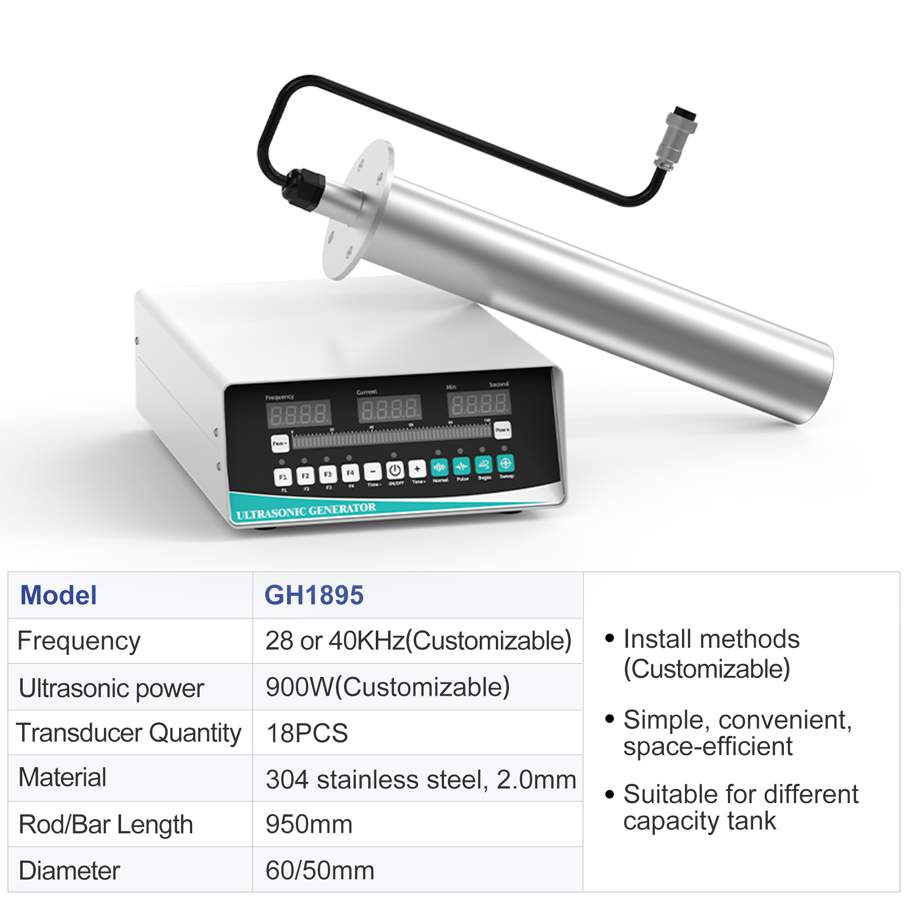 GH1895 900W 950mm cylindrical ultrasonic immersion transducer rod with separate excitation digital generator