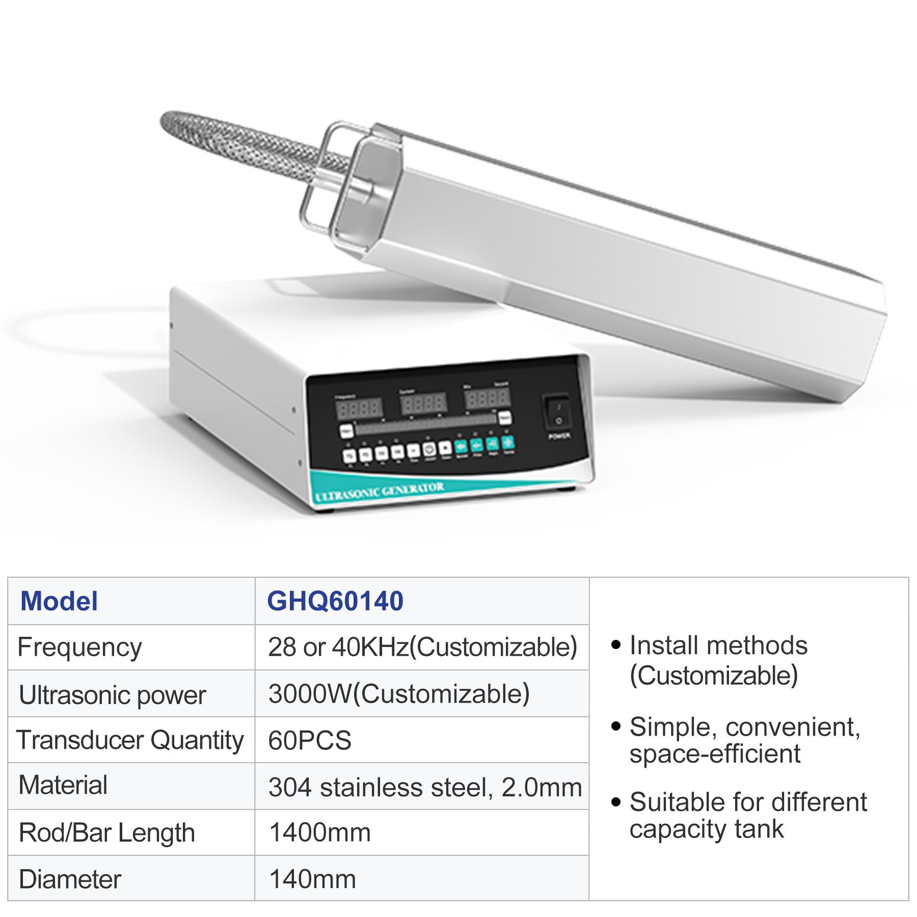 Model GHQ60140 3000W 4-sided immersible ultrasonic transducer bar with matching digital generator and parameter table