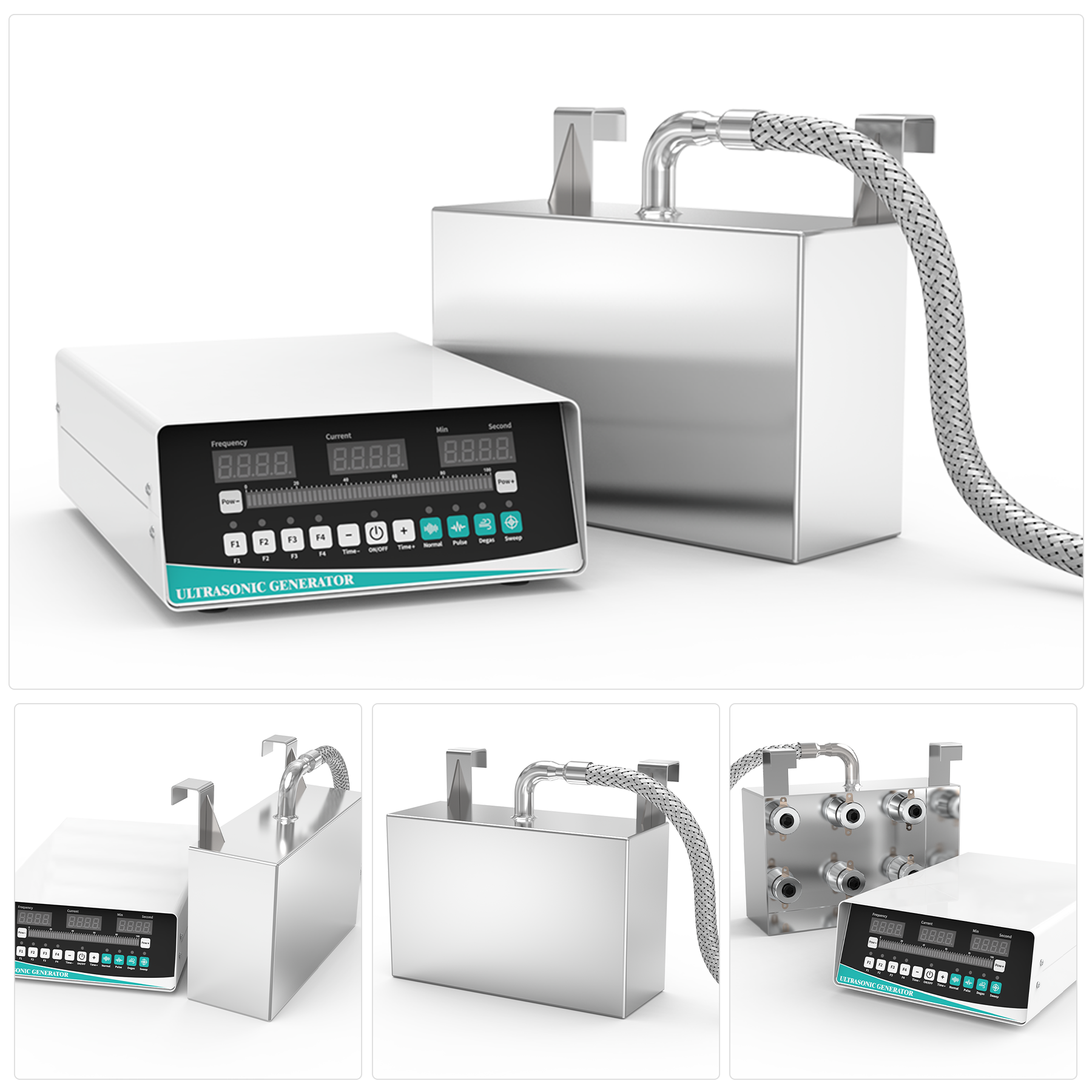 GK0618 300W immersible ultrasonic transducer system layout with primary exterior view and three bottom thumbnails showing side profile, sealed plate, and 6-transducer array