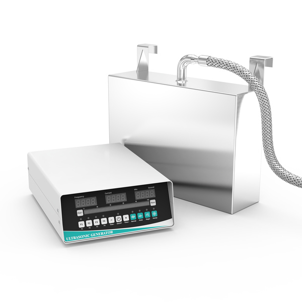 GK1225 600W immersible ultrasonic transducer plate with digital generator, 360x250x100mm SUS304 hook-mount enclosure, and braided flexible conduit