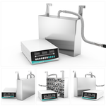 GK1830 900W immersible ultrasonic transducer plate layout featuring main exterior view and three bottom thumbnails of side profile, internal 18-transducer array, and front view