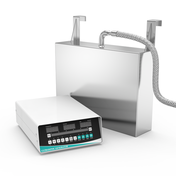 GK1830 900W immersible ultrasonic transducer plate with digital generator, 410x300x100mm SUS304 hook-mount enclosure, and braided stainless steel conduit