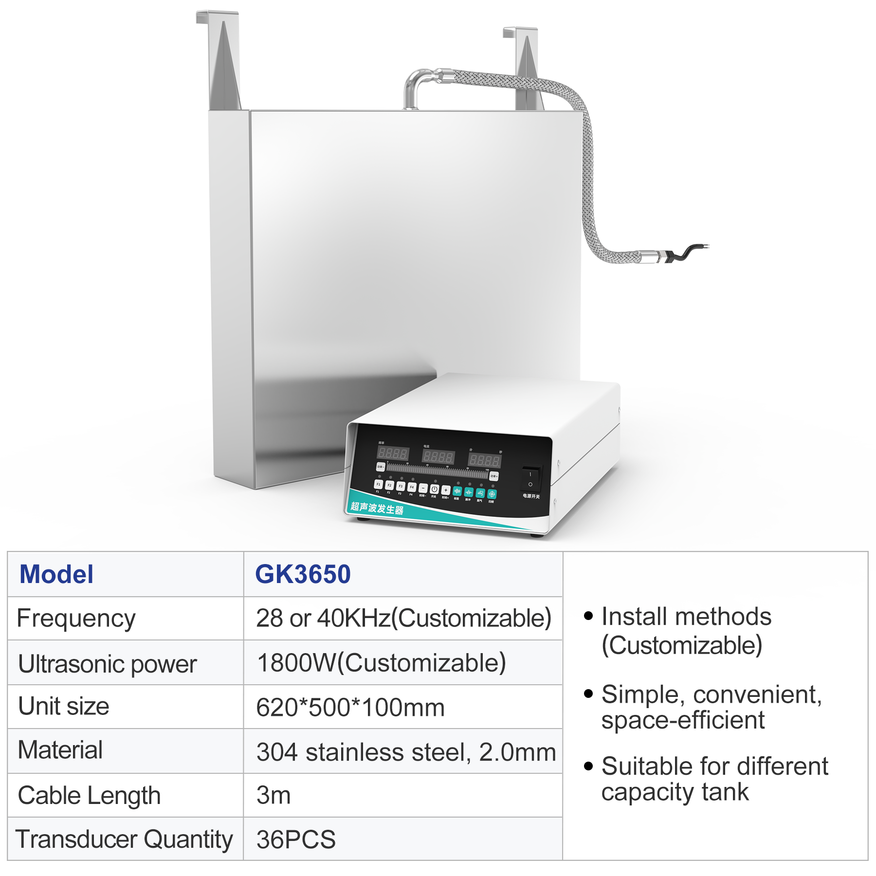 Model GK3650 1800W immersible ultrasonic transducer plate with digital generator and specification table