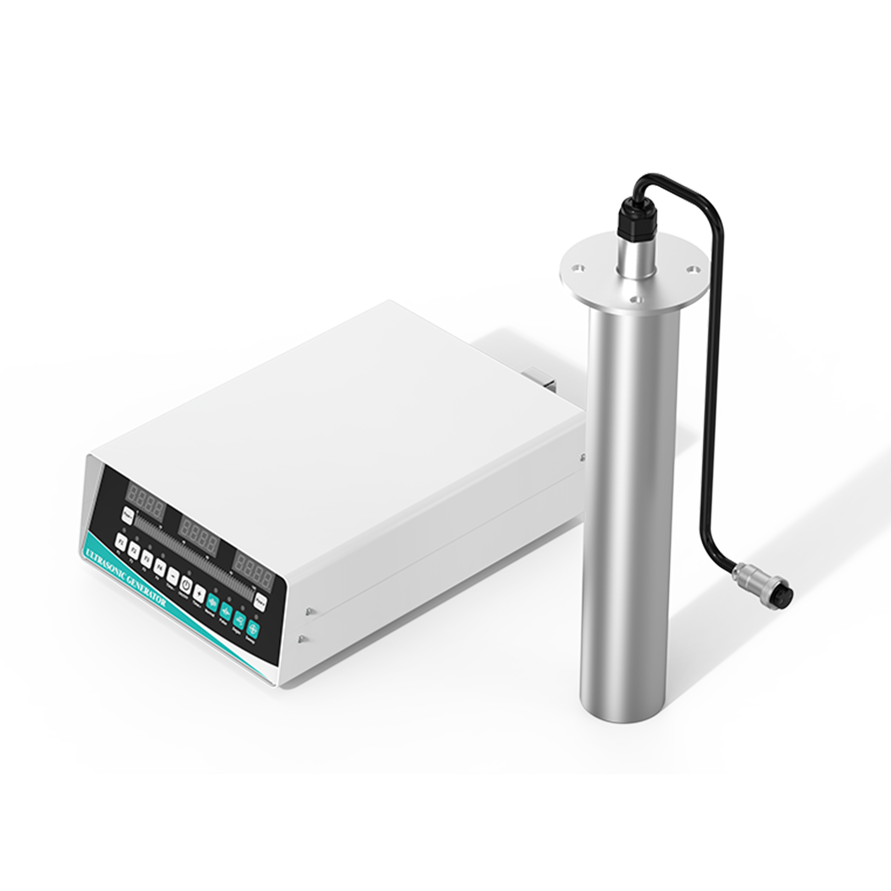 Granbo GH21105 High-angle view of cylindrical immersible ultrasonic transducer rod with digital power generator unit Granbo GH21105 High-angle view of cylindrical immersible ultrasonic transducer rod with digital power generator unit