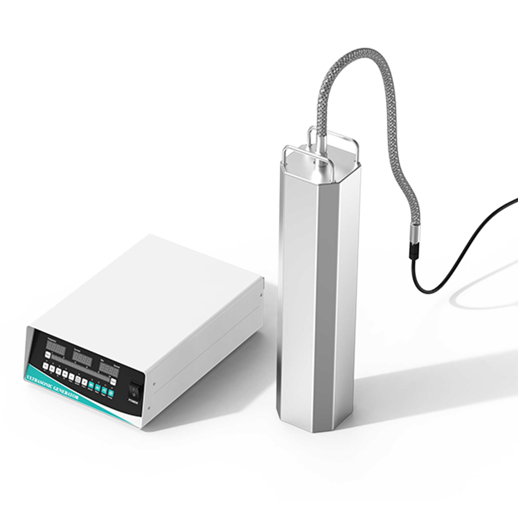 Granbo GHQ1845 High-angle view of ultrasonic generator and standing 4-sided immersion ultrasonic vibrating bar Granbo GHQ1845 High-angle view of ultrasonic generator and standing 4-sided immersion ultrasonic vibrating bar