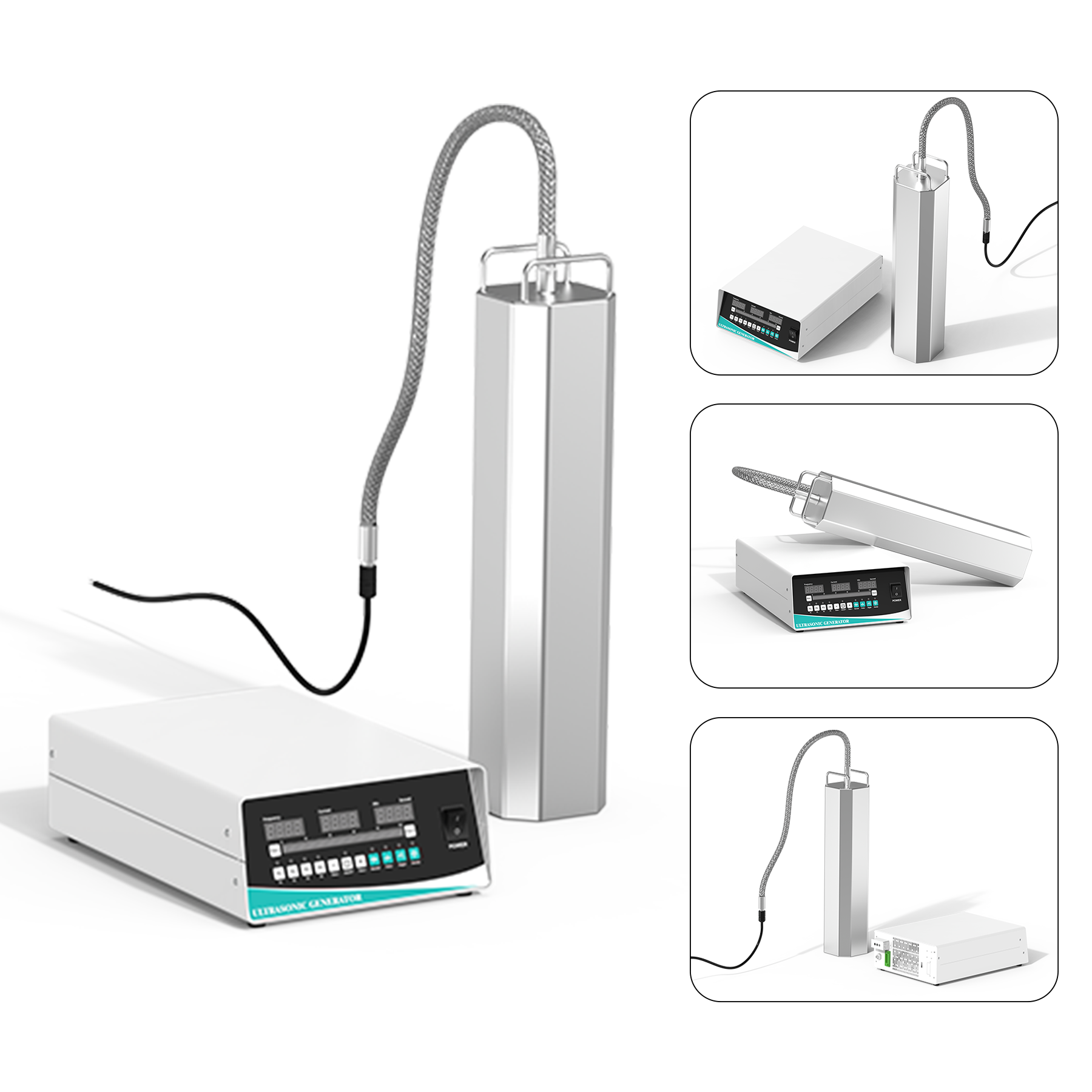 Granbo GHQ60140 Multi-angle product showcase collage of 4-sided immersion ultrasonic probe bar and digital generator system