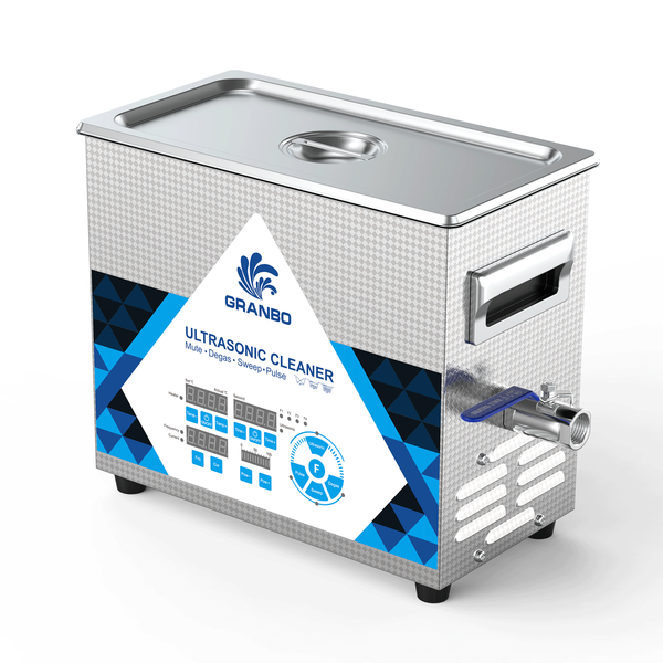 Granbo GL0404-4080120 4.5L 40/80/120kHz Switchable Triple-Frequency Ultrasonic Cleaner Three-Quarter View With Stainless Steel Lid Closed