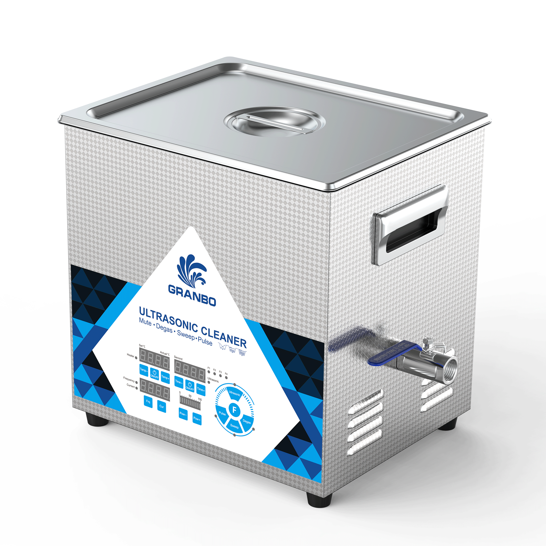 Granbo GL0810-4080120 10L 40/80/120kHz Switchable Triple-Frequency Ultrasonic Cleaner 3/4 perspective angle with stainless steel lid closed Granbo GL0810-4080120 10L 40/80/120kHz Switchable Triple-Frequency Ultrasonic Cleaner 3/4 perspective angle with stainless steel lid closed