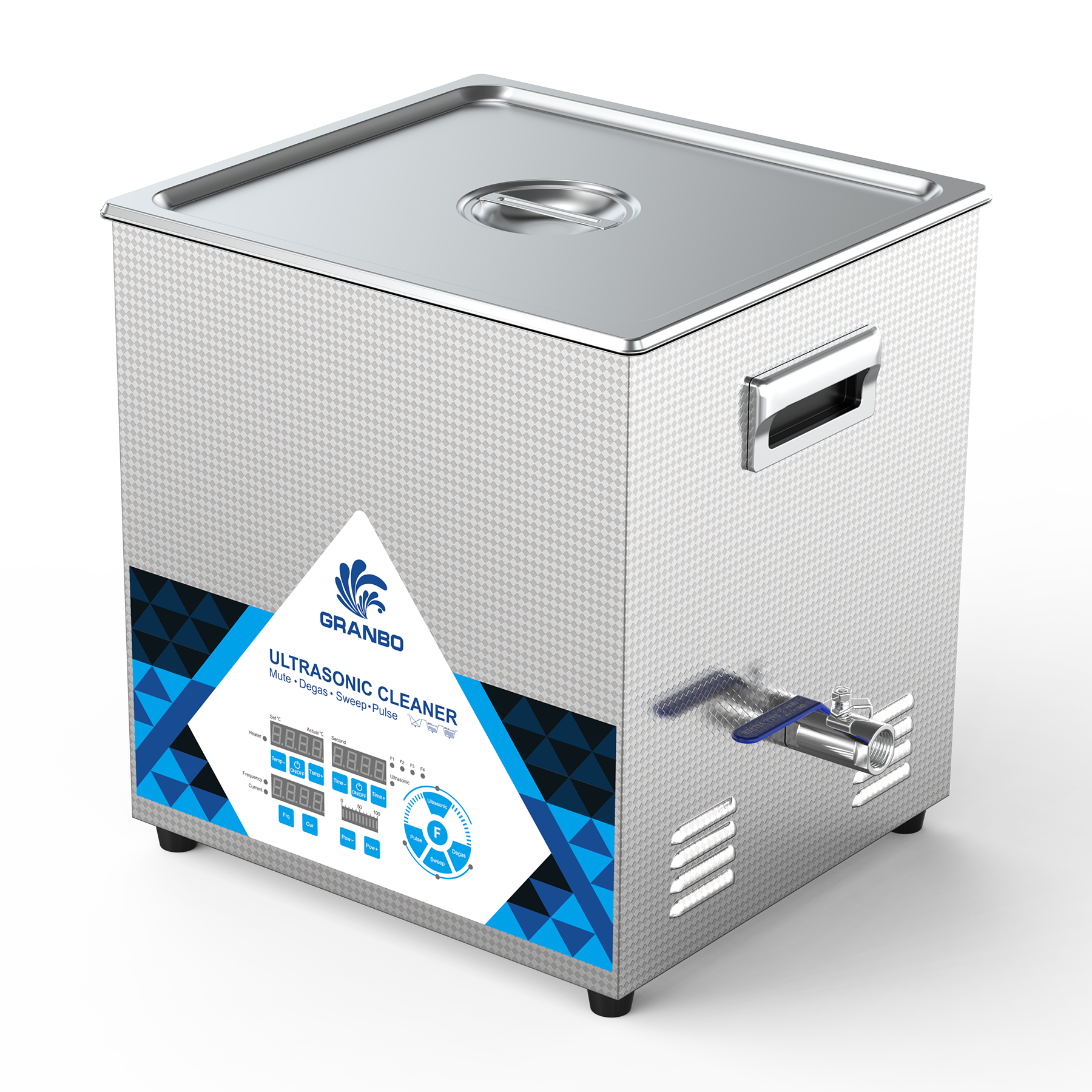 Granbo GL1019-4080100 19L 40/80/100kHz Switchable Triple-Frequency Ultrasonic Cleaner Three-Quarter View With Stainless Steel Lid Closed Granbo GL1019-4080100 19L 40/80/100kHz Switchable Triple-Frequency Ultrasonic Cleaner Three-Quarter View With Stainless Steel Lid Closed