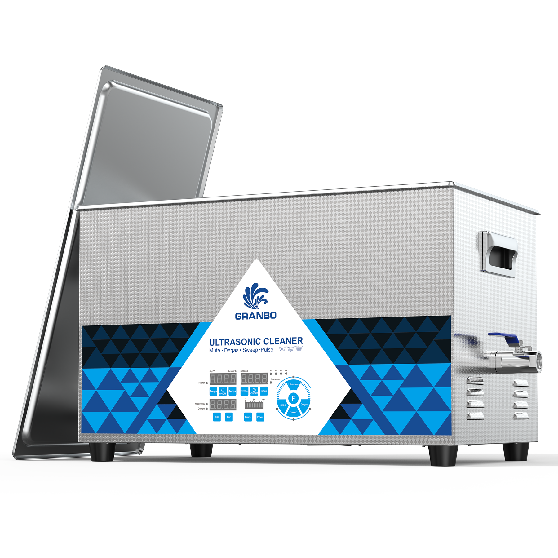 Granbo GL1622-4080100160 22L 40/80/100/160kHz Switchable Quad-Frequency Ultrasonic Cleaner Front-Side View With Digital Control Panel And Lid Resting Aside Granbo GL1622-4080100160 22L 40/80/100/160kHz Switchable Quad-Frequency Ultrasonic Cleaner Front-Side View With Digital Control Panel And Lid Resting Aside