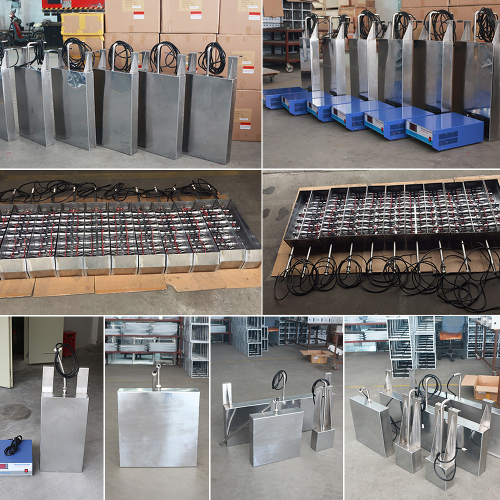 Factory production line showing internal ultrasonic transducer arrays and welded stainless steel transducer boxes