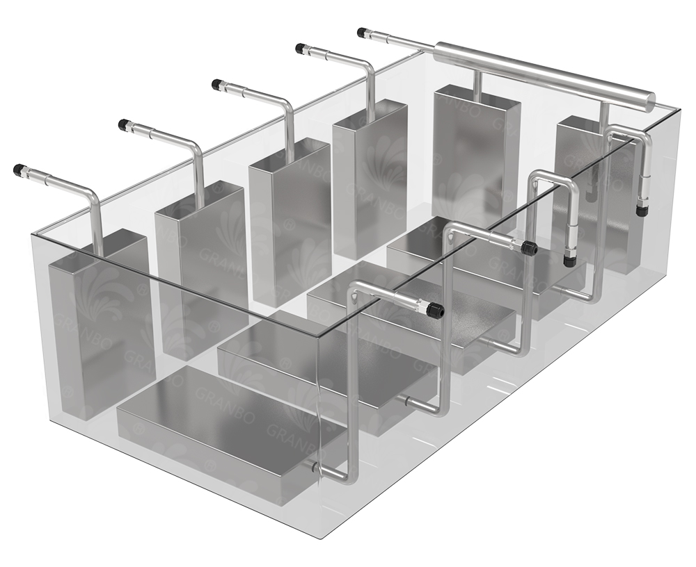 Multi-plate immersible ultrasonic transducer configuration installed on tank base and sidewalls