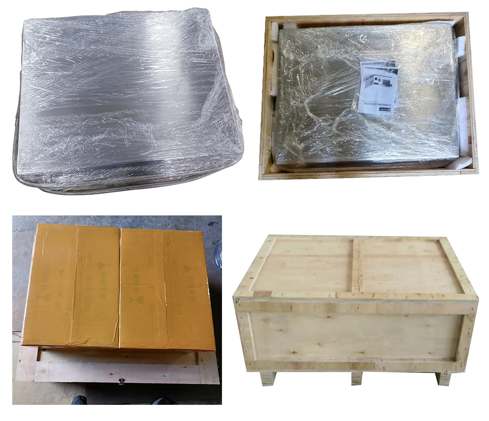 Industrial packaging showing film-wrapped ultrasonic transducer plate packed in wooden crate and generator box