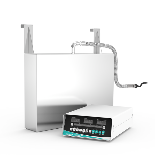 Perspective view of GK3042 immersible ultrasonic transducer plate with hook brackets, top stainless steel conduit, and digital generator