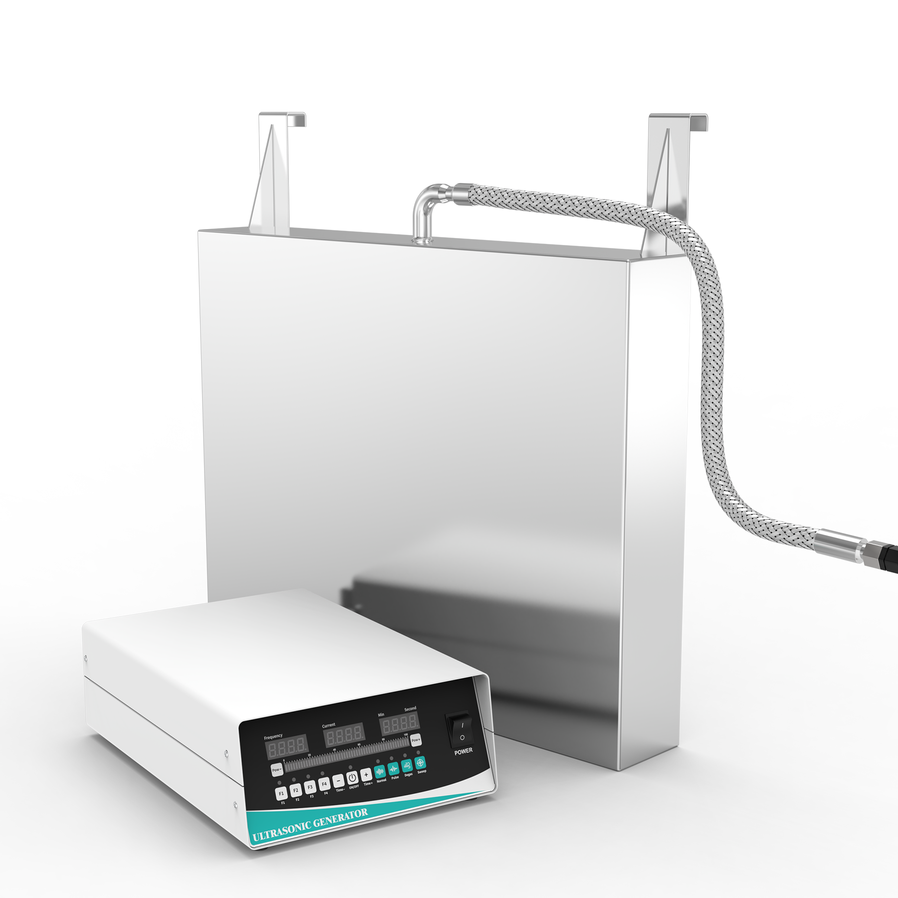 Perspective view of GK3650 immersible ultrasonic transducer plate with hook brackets, top stainless steel conduit, and digital power generator Perspective view of GK3650 immersible ultrasonic transducer plate with hook brackets, top stainless steel conduit, and digital power generator