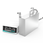 Side profile of GK1225 immersible ultrasonic plate displaying 100mm enclosure thickness, top mounting hooks, flexible conduit, and digital generator