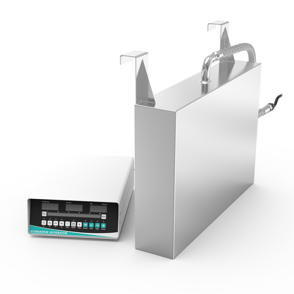 Side-profile view of 500x350x100mm SUS304 immersible ultrasonic plate showing 100mm depth profile, hook mount bracket, top cable outlet, and generator
