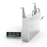 Side-profile view of 550x420x100mm SUS304 immersible ultrasonic plate showing hook mount bracket and digital ultrasonic generator