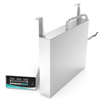 Side-profile view of 620x500x100mm SUS304 immersible ultrasonic plate showing hook mount bracket and digital ultrasonic generator