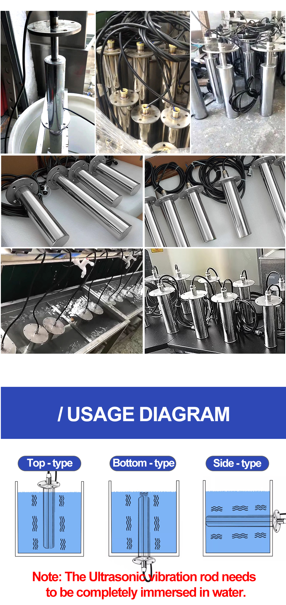 Stainless steel cylindrical ultrasonic immersion rod with mounting flange and orientation diagram
