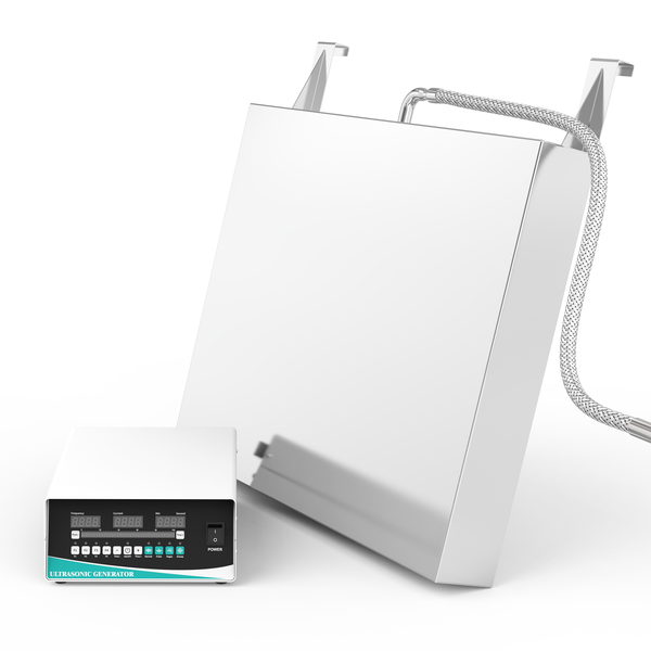 Tilted view of hook-mount immersible ultrasonic transducer plate showing sealed casing and stainless steel braided cable