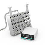 Tilted view of immersible transducer plate showing internal 30-transducer matrix, hook mounts, and digital generator