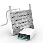 Tilted view of immersible transducer plate showing internal 36-transducer layout, hook brackets, and ultrasonic generator
