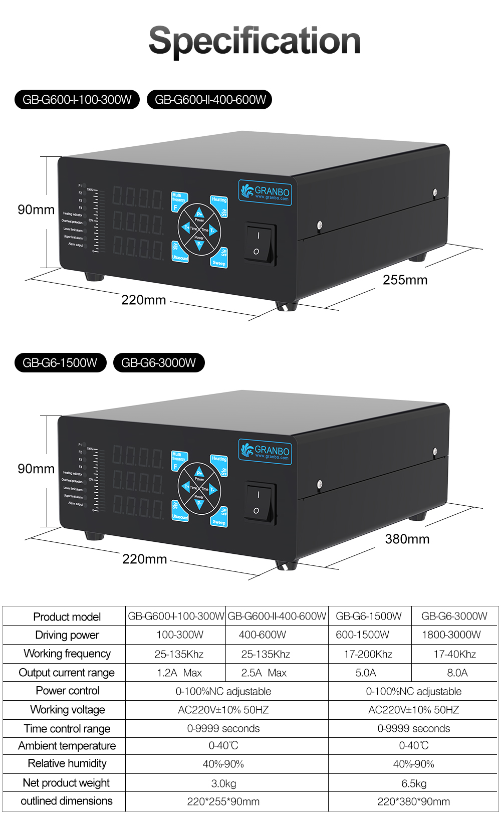 Dimensional outline drawing and technical specifications table for ultrasonic generator models